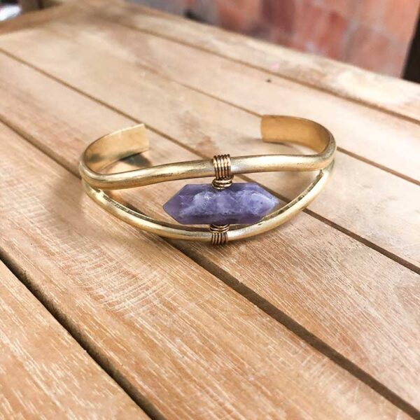 handmade gold toned cuff bracelet with amethyst stone